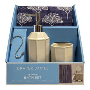 Navy - Draper James 15-Piece Bath Set, Shower Curtain, Soap Dispenser, Tumbler,